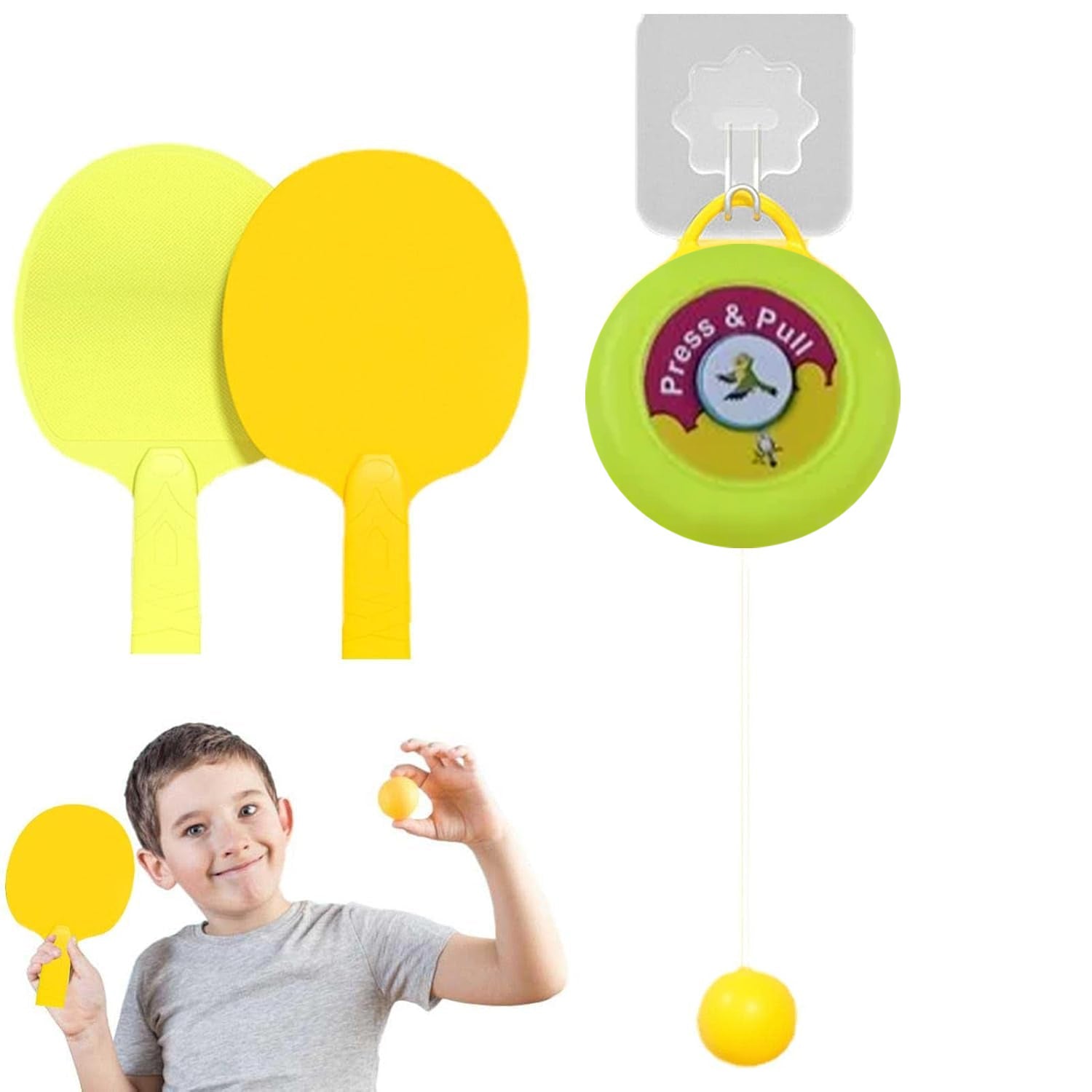 Wukusy portable indoor hanging table tennis set with self-training system and three balls on a table tennis table.
