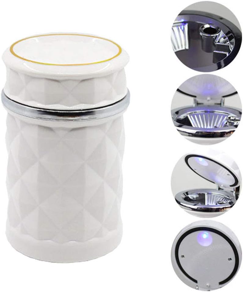 Wukusy 7932 car cupholder ashtray with lid, blue LED light, portable cigarette and cigar ash bucket, ideal for car use.