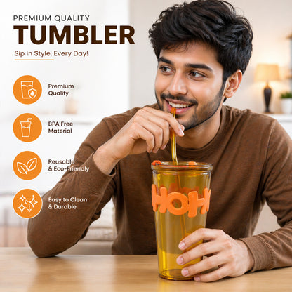 Transparent glass tumbler with lid and straw, 450 ml capacity, by Wukusy, showing the clear glass with a black lid and straw.