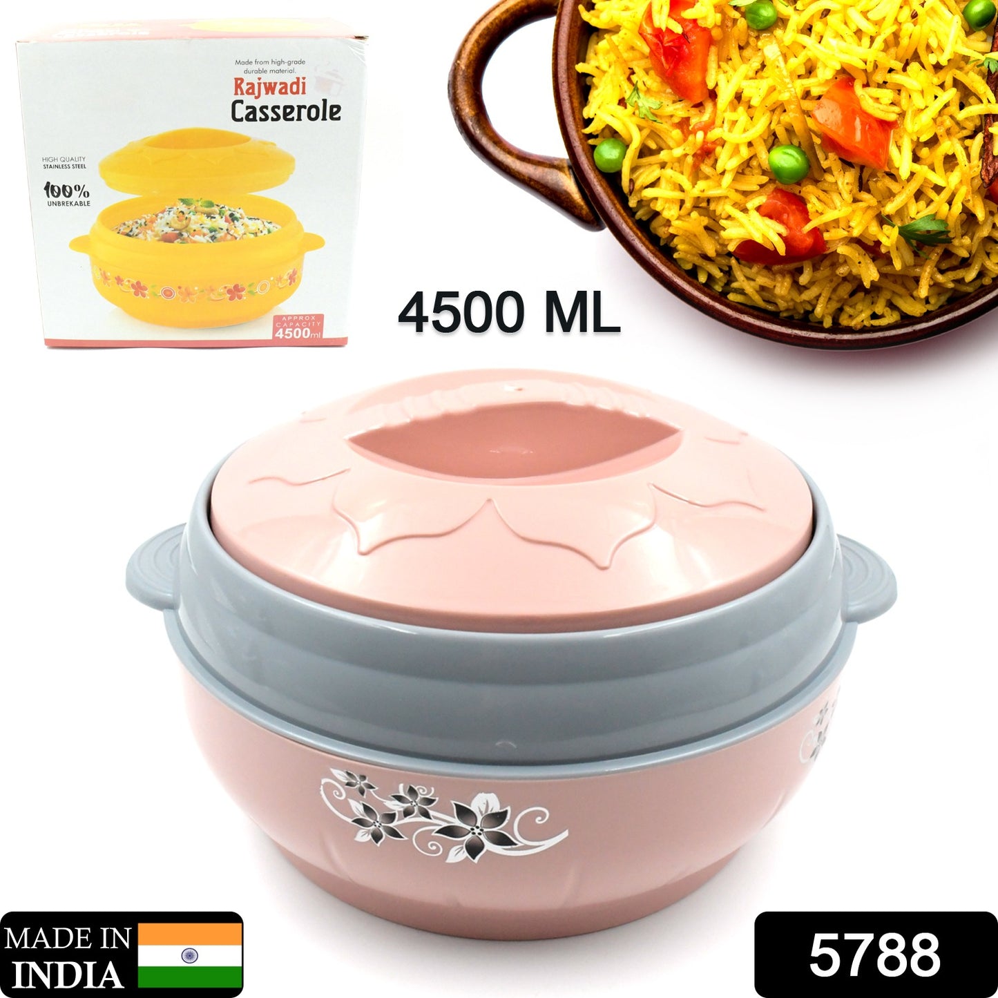 Wukusy steel casserole box with floral print, 4500ml capacity, insulated hot pot for food serving, kitchen home improvement.