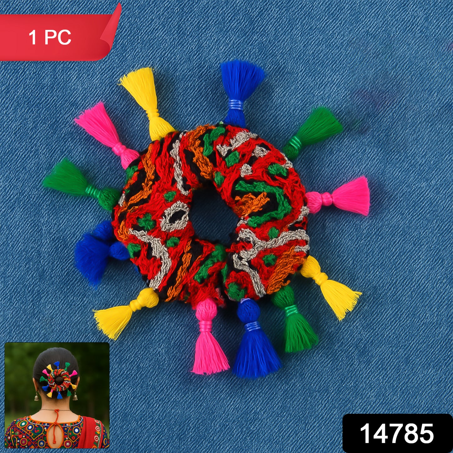 Traditional multicolor Navratri hair bun accessory by Wukusy, featuring vibrant colors and intricate design for festive hairstyles.