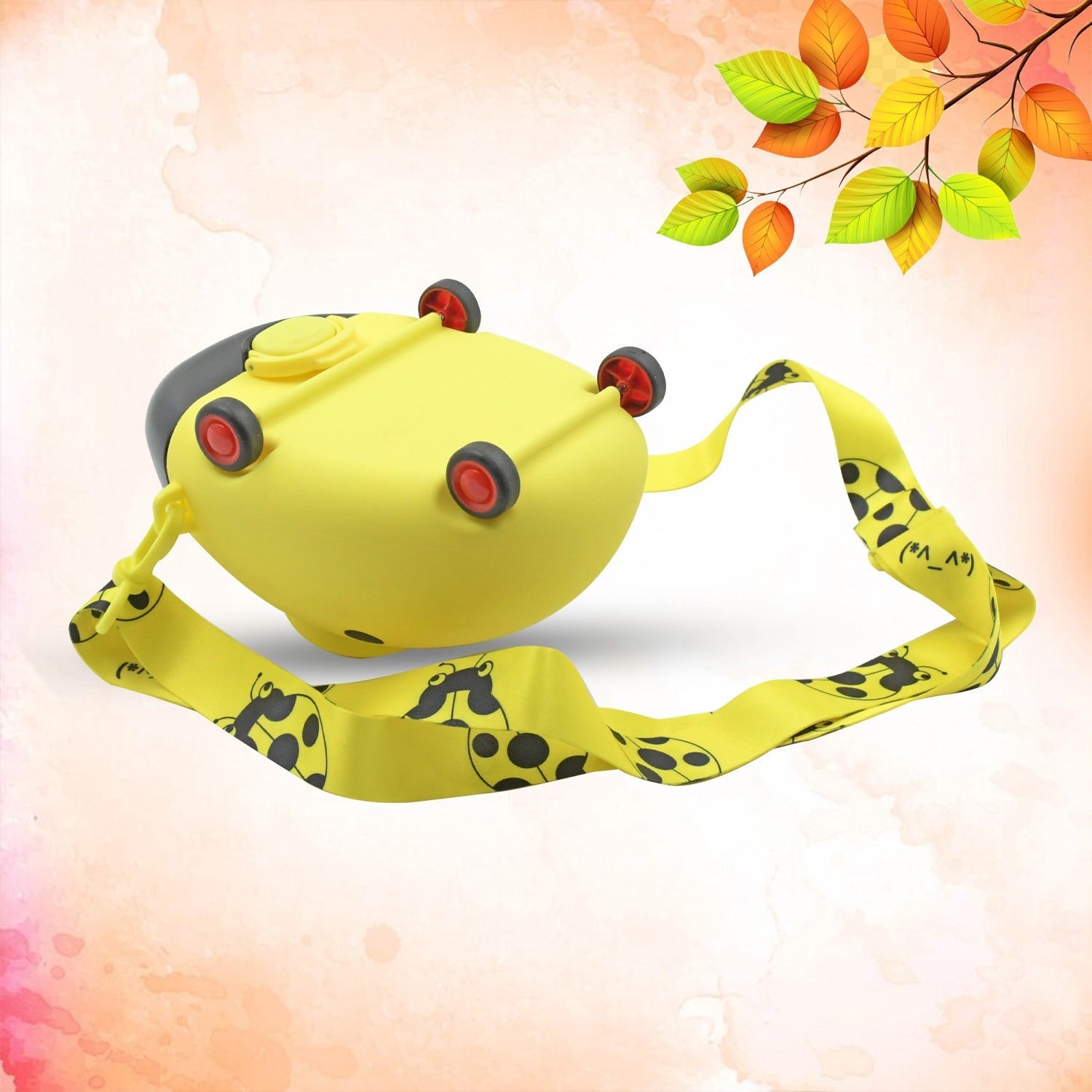 Wukusy plastic bug-shaped water bottle for kids with adjustable strap and straw, portable drinking cup ideal for school and outings.