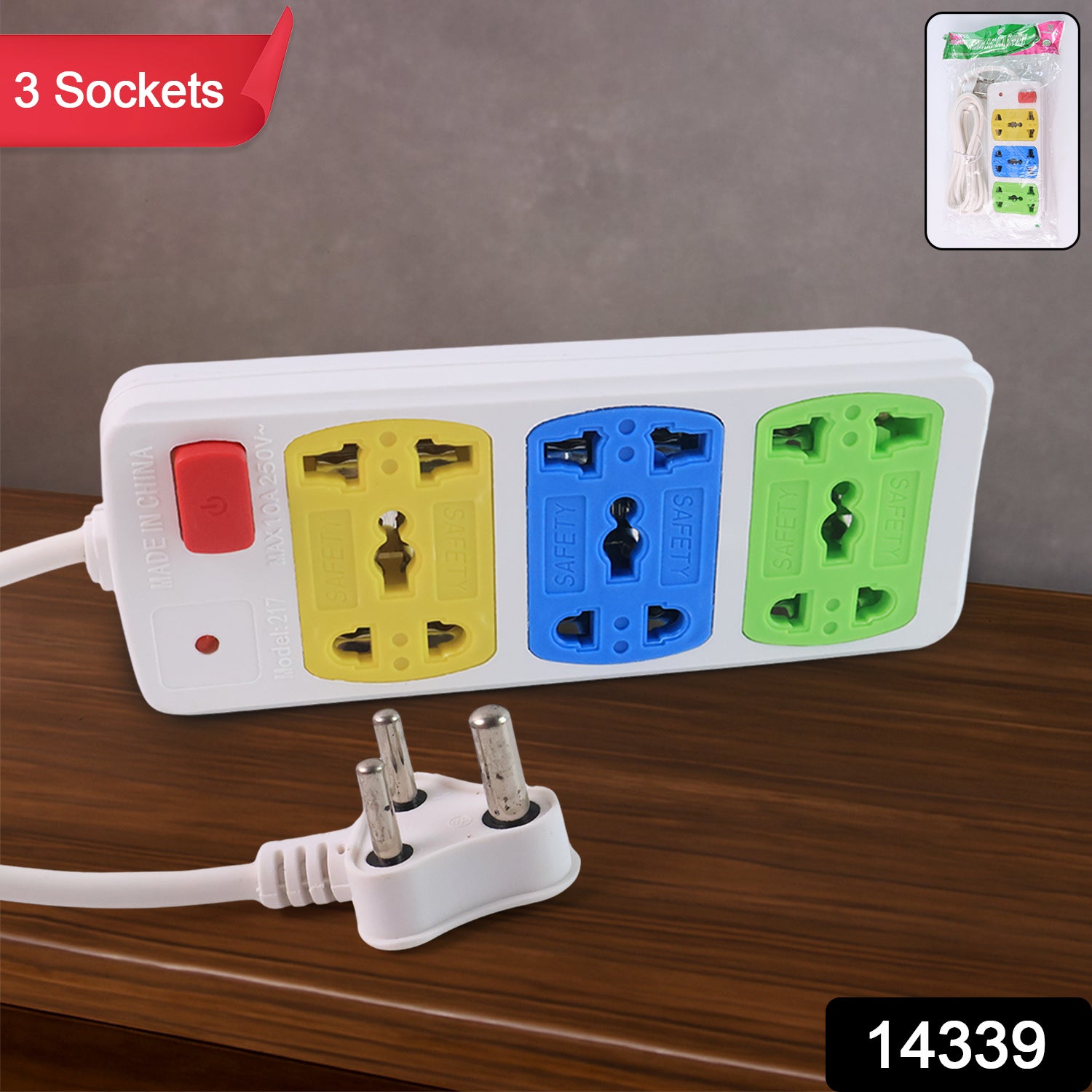 Wukusy compact 3-socket universal extension board for office use, showing multiple power sockets and cable connection.