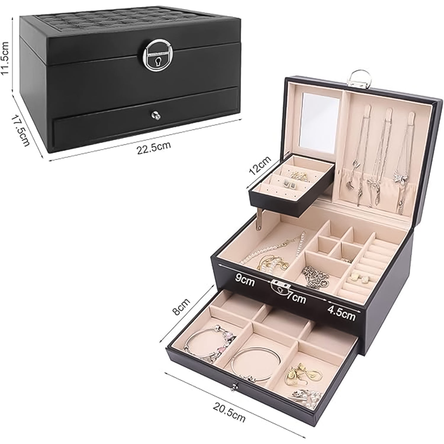 Wukusy multi-layer jewelry organizer box with compartments for rings, necklaces, and earrings, showcasing its organized interior.