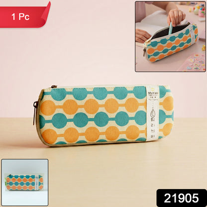 Colorful geometric printed pencil pouch by Wukusy, showcasing multiple vibrant patterns on a compact, stylish accessory for stationery.