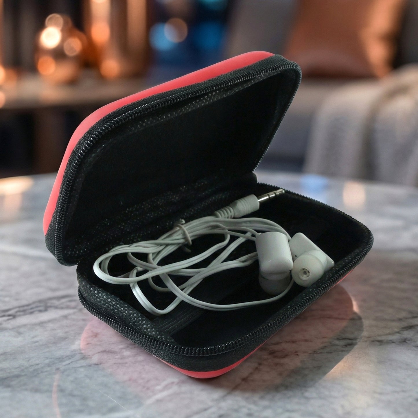 Wukusy premium wired earphones with zipper carry case set, in-ear headphones with black design and compact storage case.