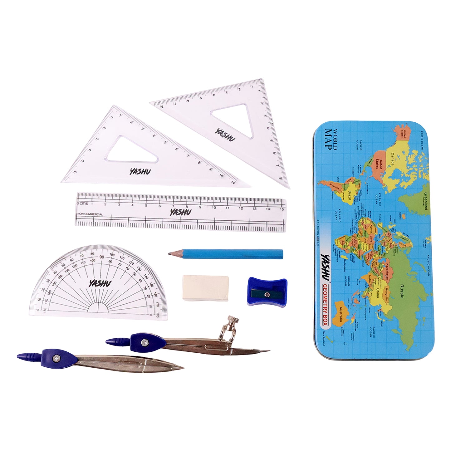 Wukusy Yashu Complete Geometry Box Set with compass, ruler, protractor, and pencils for school geometry and math projects.