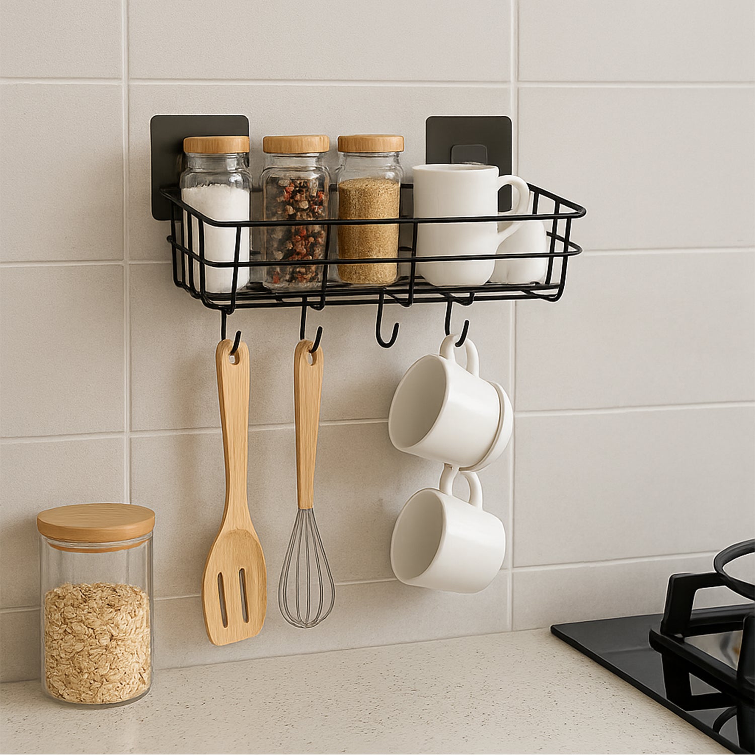 Pair of Wukusy heavy-duty self-adhesive wall storage baskets with hooks for home organization, mounted on a wall.