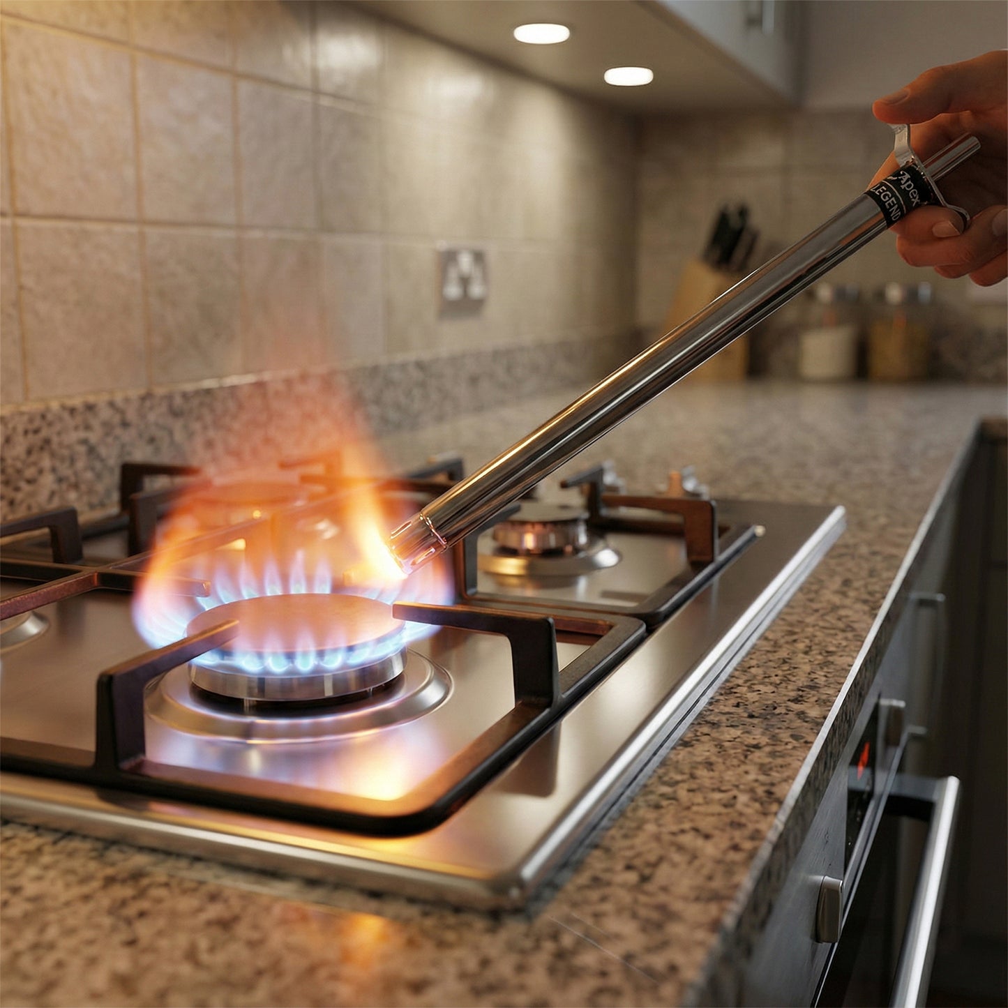 Long stainless-steel gas stove lighter by Wukusy, 1 foot in length, with a sleek metal handle and ignition tip for safe lighting.