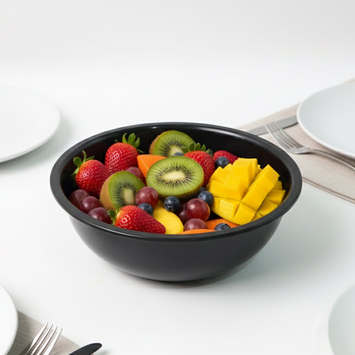 Black plastic 6-inch round deep serving bowl from Wukusy, ideal for home and kitchen use, shown with a smooth interior and rounded edges.