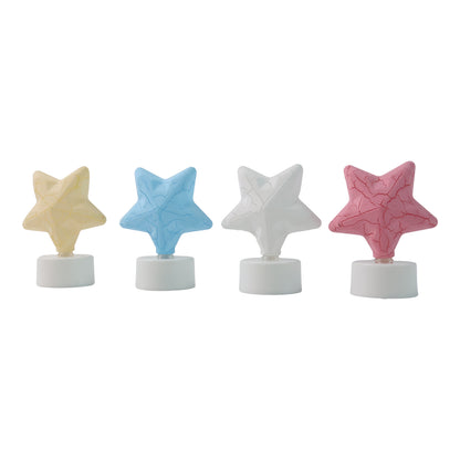 Set of four star-shaped decorative LED tealight candles by Wukusy for home decor, with warm glowing light and intricate star design.