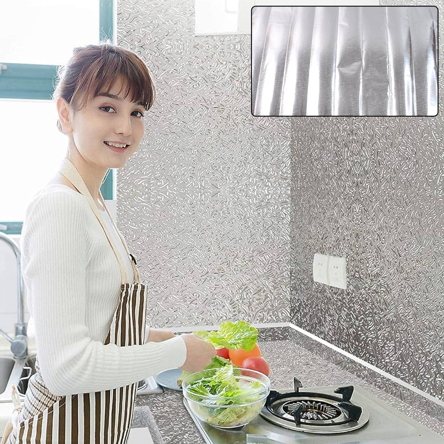 Set of three Wukusy aluminium kitchen wall sheets with a sleek metallic finish, measuring 50x90 cm, without adhesive backing.