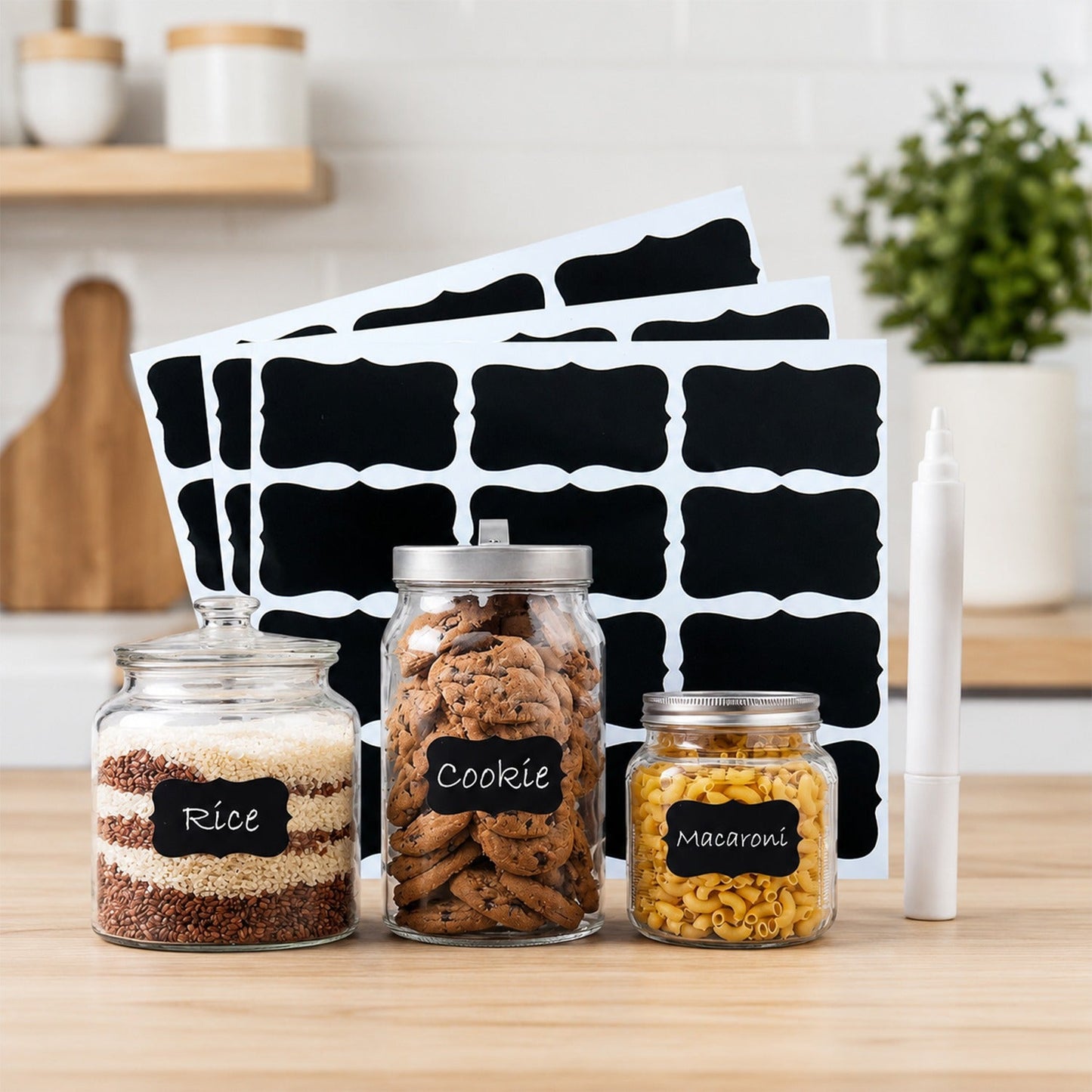 Set of Wukusy fancy shape chalkboard sticker labels with marker pen, ideal for jar labeling and creative craft projects.