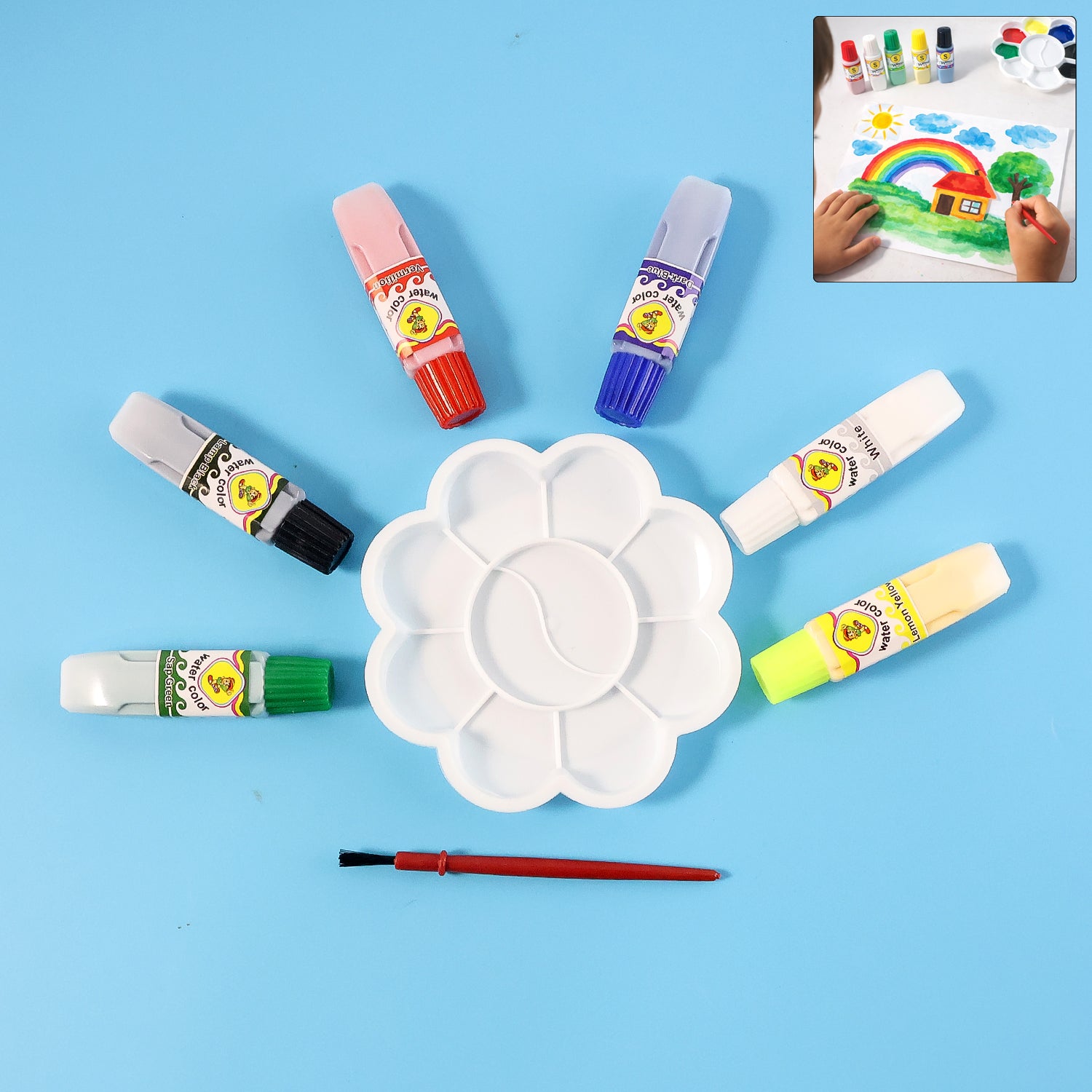 Kids watercolour painting set with brush and mixing palette by Wukusy, displayed with vibrant watercolour paints and tools.