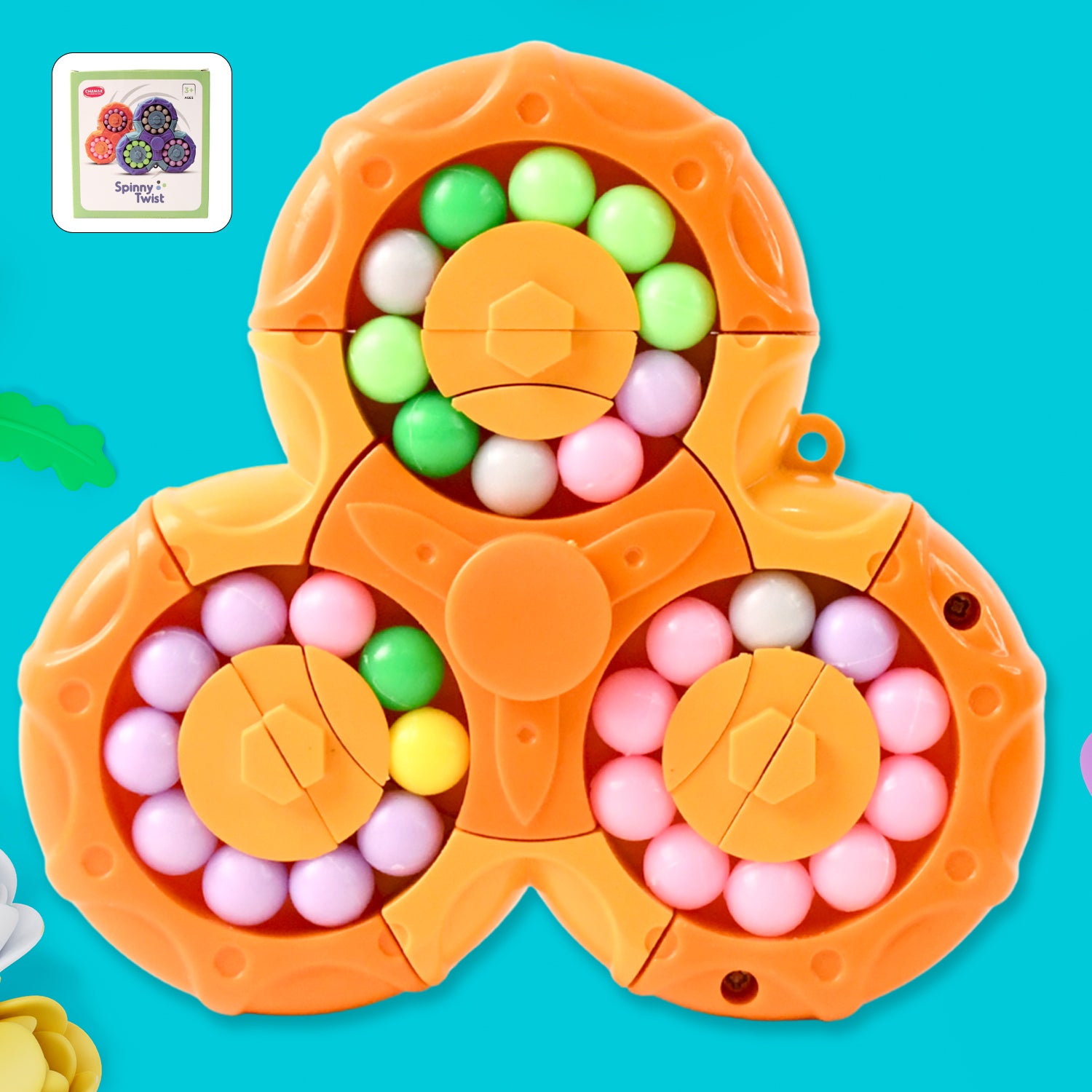 Wukusy Aditi 3-in-1 interactive spinny twist puzzle ball toy with bright colors and multiple textures for sensory play.