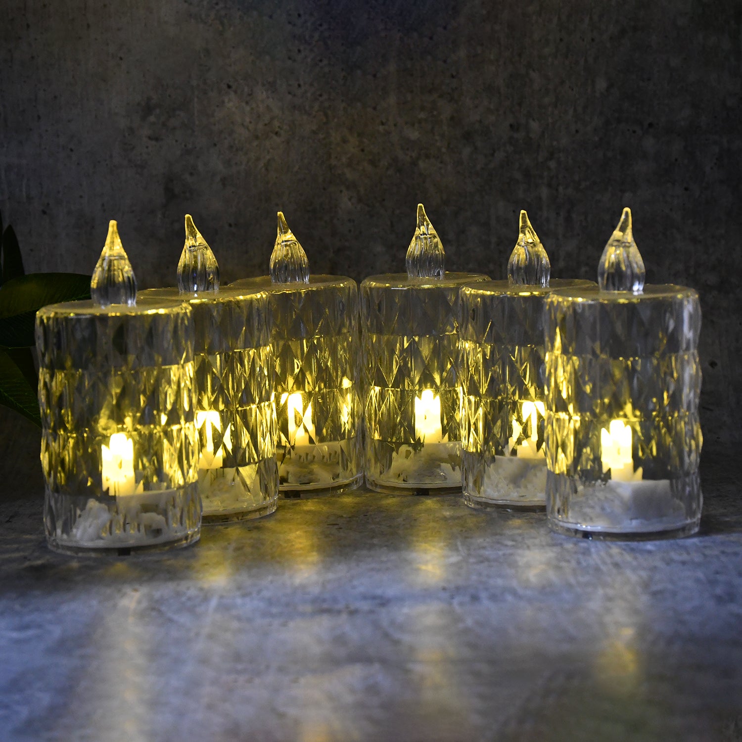 Six decorative LED crystal flameless candles from Wukusy in a home decor setting with realistic flickering light.