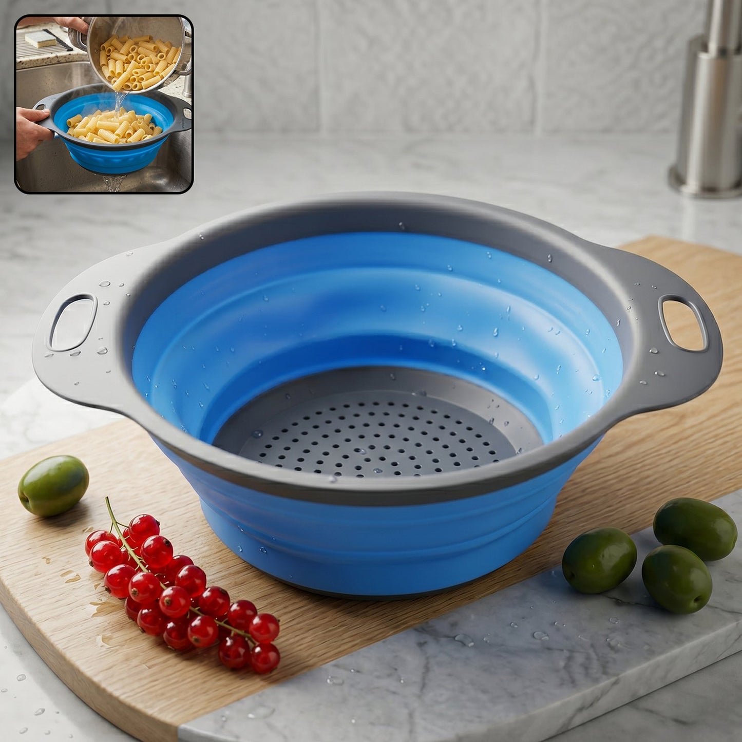 Wukusy silicone collapsible strainer in open position for easy draining, space-saving kitchen tool with flexible design