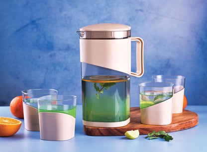 Square BPA-free plastic water jug with lid and four matching glasses, ideal for drinking water, wine, or juice.