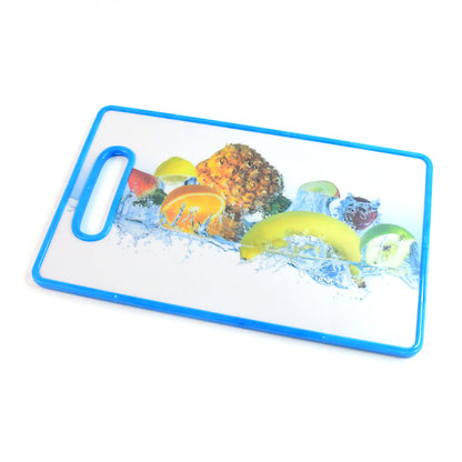 Large rectangular Wukusy fruit print cutting board, 36x22cm, made for kitchen prep with colorful fruit design.