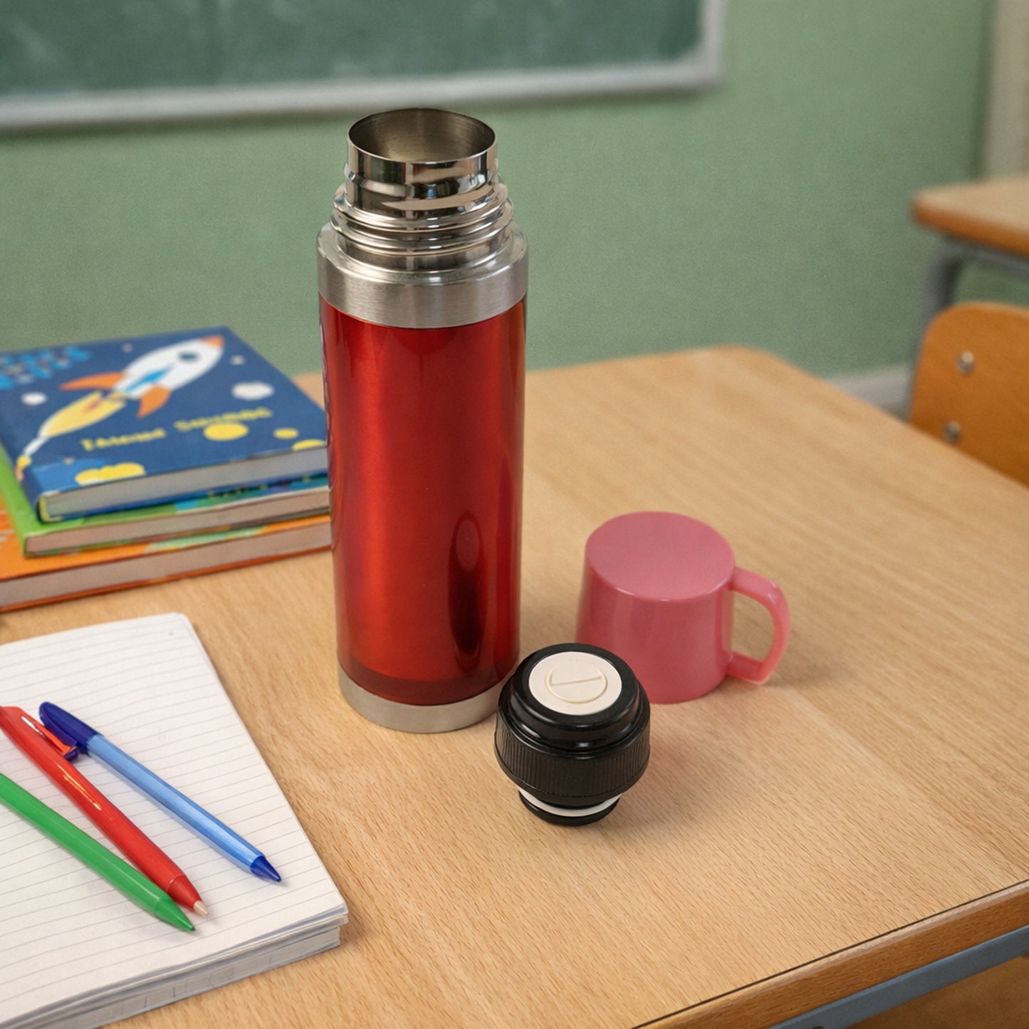 Wukusy insulated travel mug with handle and lid, 500ml capacity, featuring a sleek design and spill-proof lid for hot and cold drinks.