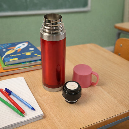 Wukusy insulated travel mug with handle and lid, 500ml capacity, featuring a sleek design and spill-proof lid for hot and cold drinks.