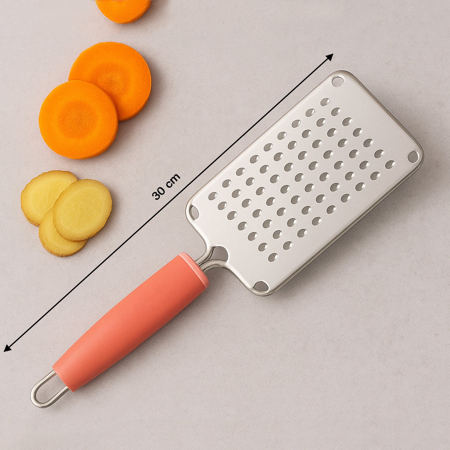Wukusy Supermom stainless steel vegetable and cheese grater with soft grip handle for versatile kitchen use.