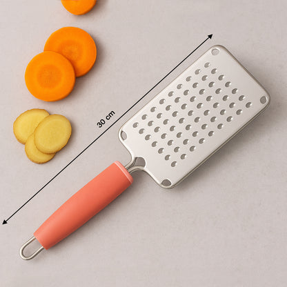 Wukusy Supermom stainless steel vegetable and cheese grater with soft grip handle for versatile kitchen use.
