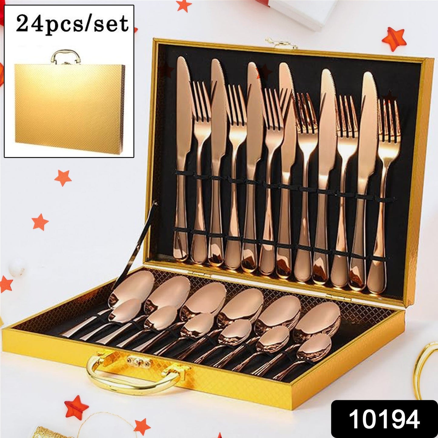 Wukusy 24-piece kitchen flatware set with forks and spoons displayed in a gift box, ideal for dining and kitchen use.