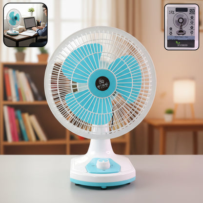 Wukusy 12V DC table fan with adjustable speed control and high airflow, shown on a desk with blades and control panel visible.