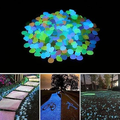 Glow in the Dark Rocks by Drpshippr, 100 luminous pebbles for garden, pond, and outdoor decoration, glowing stones in various shapes.