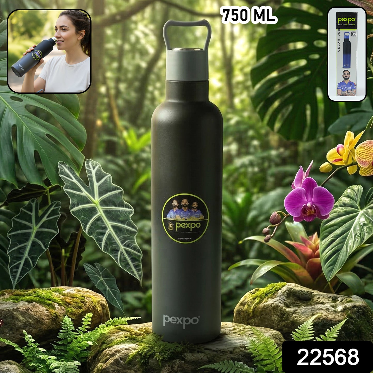 Wukusy Pexpo Oscar insulated stainless steel water bottle with leakproof lid, 750ml, showing sleek design and secure cap.