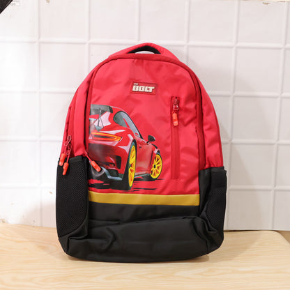 Colorful 19-inch Wukusy school bag with car design for kids, featuring vibrant graphics and adjustable straps.
