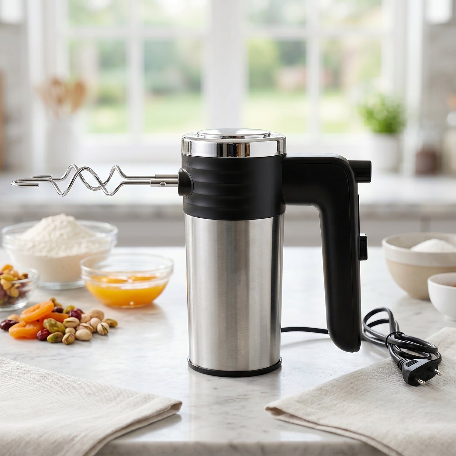 Wukusy 500W electric hand mixer with beaters and dough hooks for baking and cake preparation, shown with attachments.