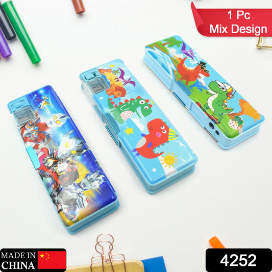 Wukusy multipurpose plastic pencil case with double compartments, cartoon printed design, ideal for school supplies and kid's gift.