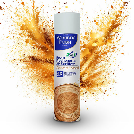 Wukusy Fresh Air Freshener Spray with sandalwood scent, 125g, showcasing the spray bottle with sandalwood fragrance for home or office use