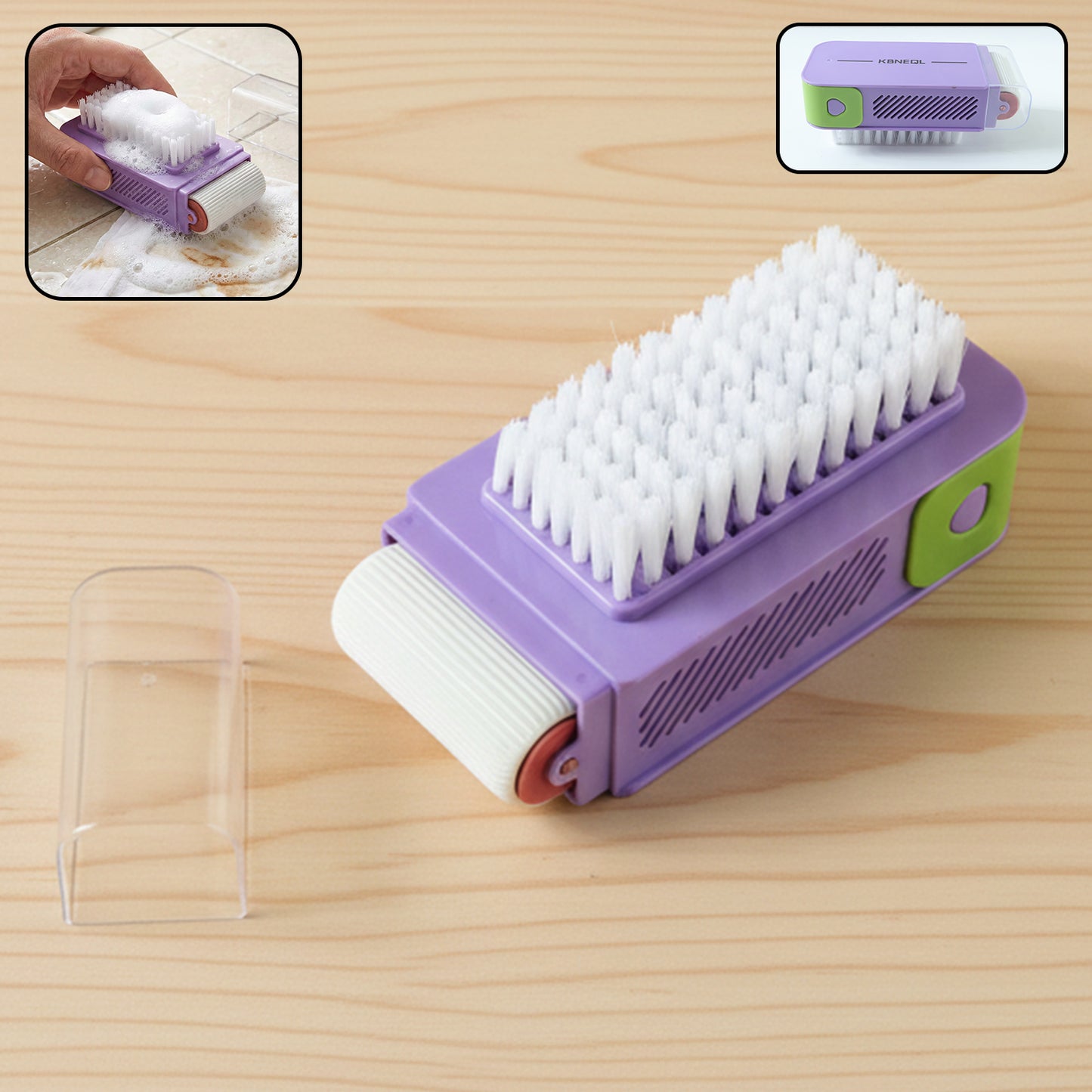 Wukusy multi-functional cleaning brush with roller and scrubber for efficient cleaning tasks, shown with handle and scrubbing surfaces.