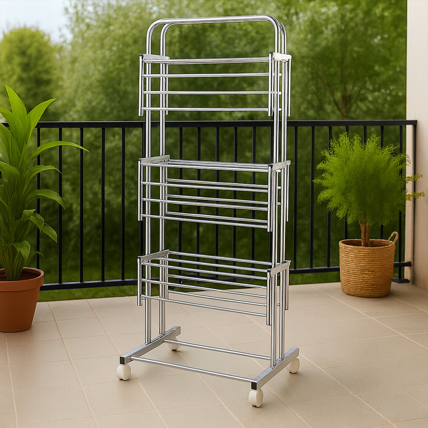 Wukusy 3-layer foldable stainless steel cloth drying stand with wheels, featuring multiple bars for hanging laundry in a modern design.