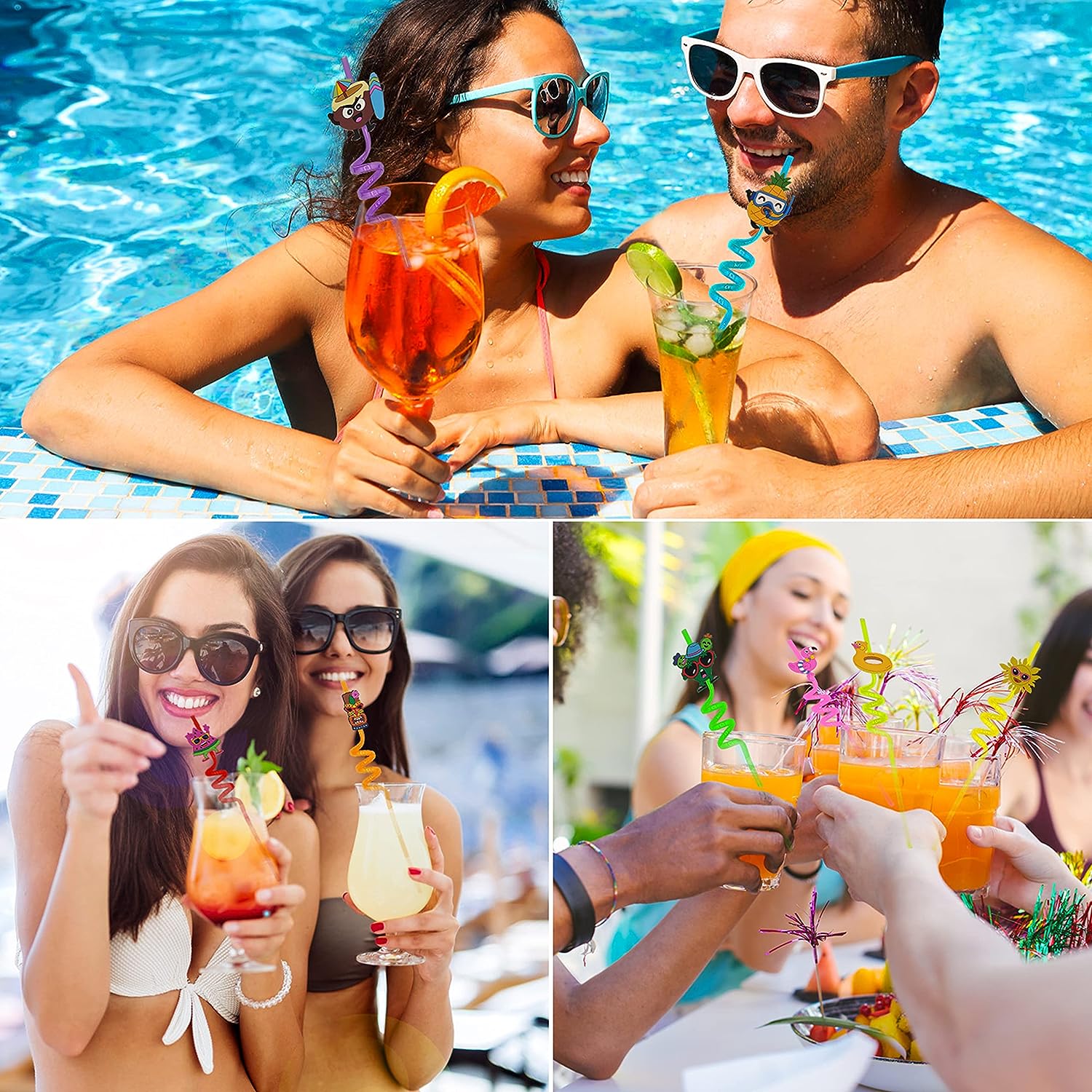Set of four Wukusy reusable plastic straws with colorful cartoon decorations for kids' summer parties and birthday celebrations.