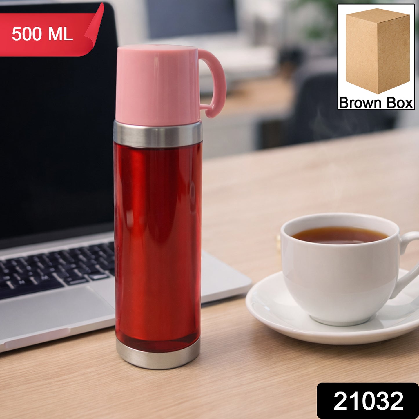 Wukusy insulated travel mug with handle lid, 500ml capacity, featuring a sleek design and spill-proof lid for hot or cold beverages.