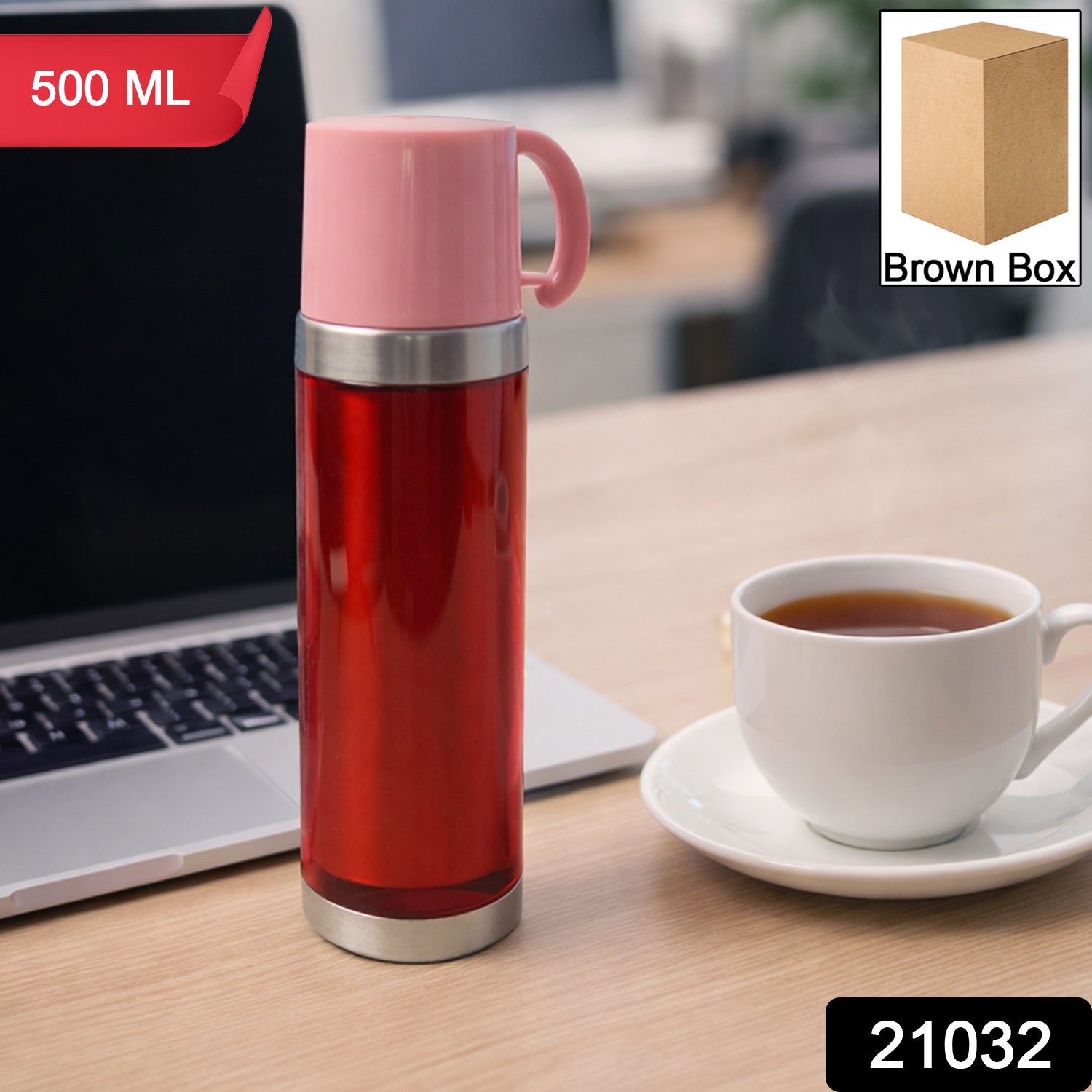 Wukusy insulated travel mug with handle lid, 500ml capacity, featuring a sleek design and spill-proof lid for hot or cold beverages.