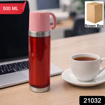Wukusy insulated travel mug with handle lid, 500ml capacity, featuring a sleek design and spill-proof lid for hot or cold beverages.