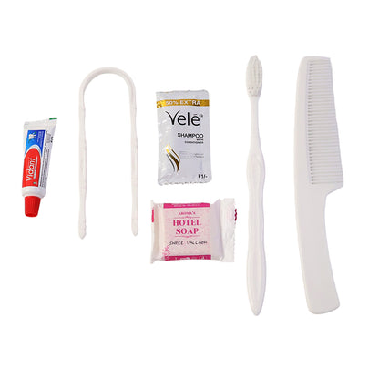 Wukusy 6-in-1 hotel guest toiletry kit with travel-sized bottles, shampoo, conditioner, soap, and lotion in a compact set.