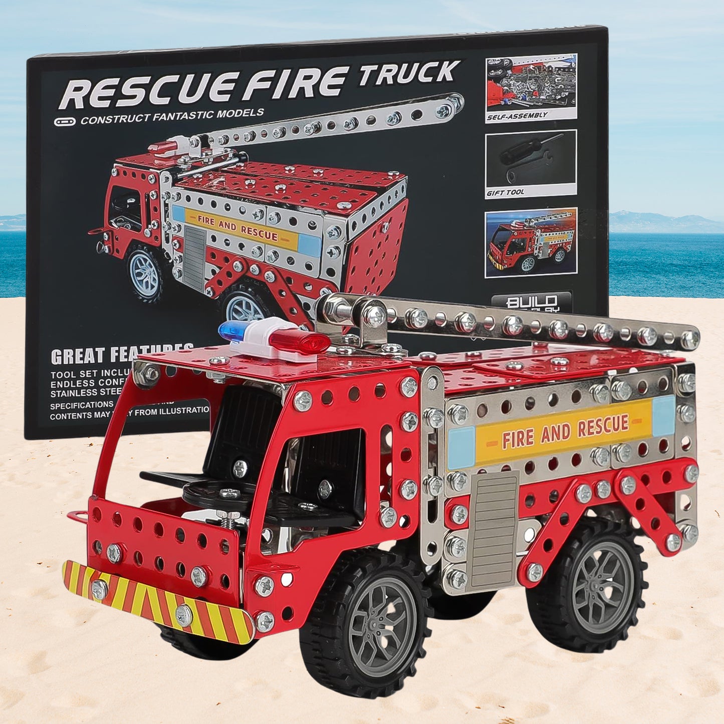 Wukusy metal DIY fire truck building blocks set for kids, includes 292 pieces of fire truck tools and parts for creative play.