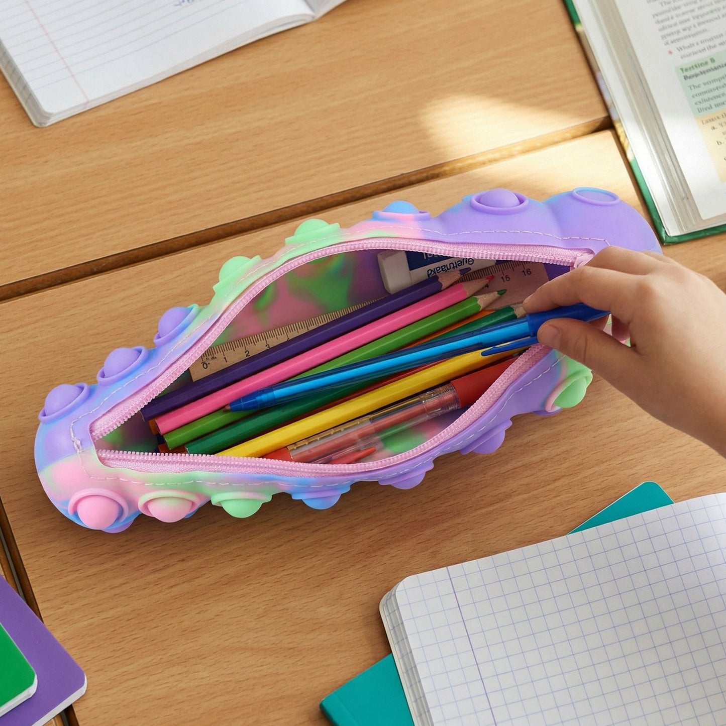 Colorful Rainbow Caterpillar Pop It toy by Wukusy with multiple bubble pushers for sensory play and stress relief.