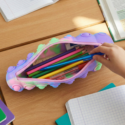 Colorful Rainbow Caterpillar Pop It toy by Wukusy with multiple bubble pushers for sensory play and stress relief.