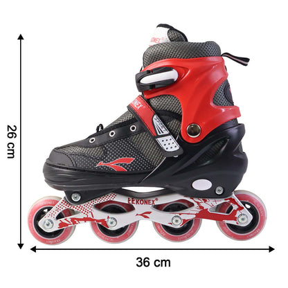 Pair of Wukusy professional adjustable inline skates for kids and adults, featuring black and blue design with adjustable straps.