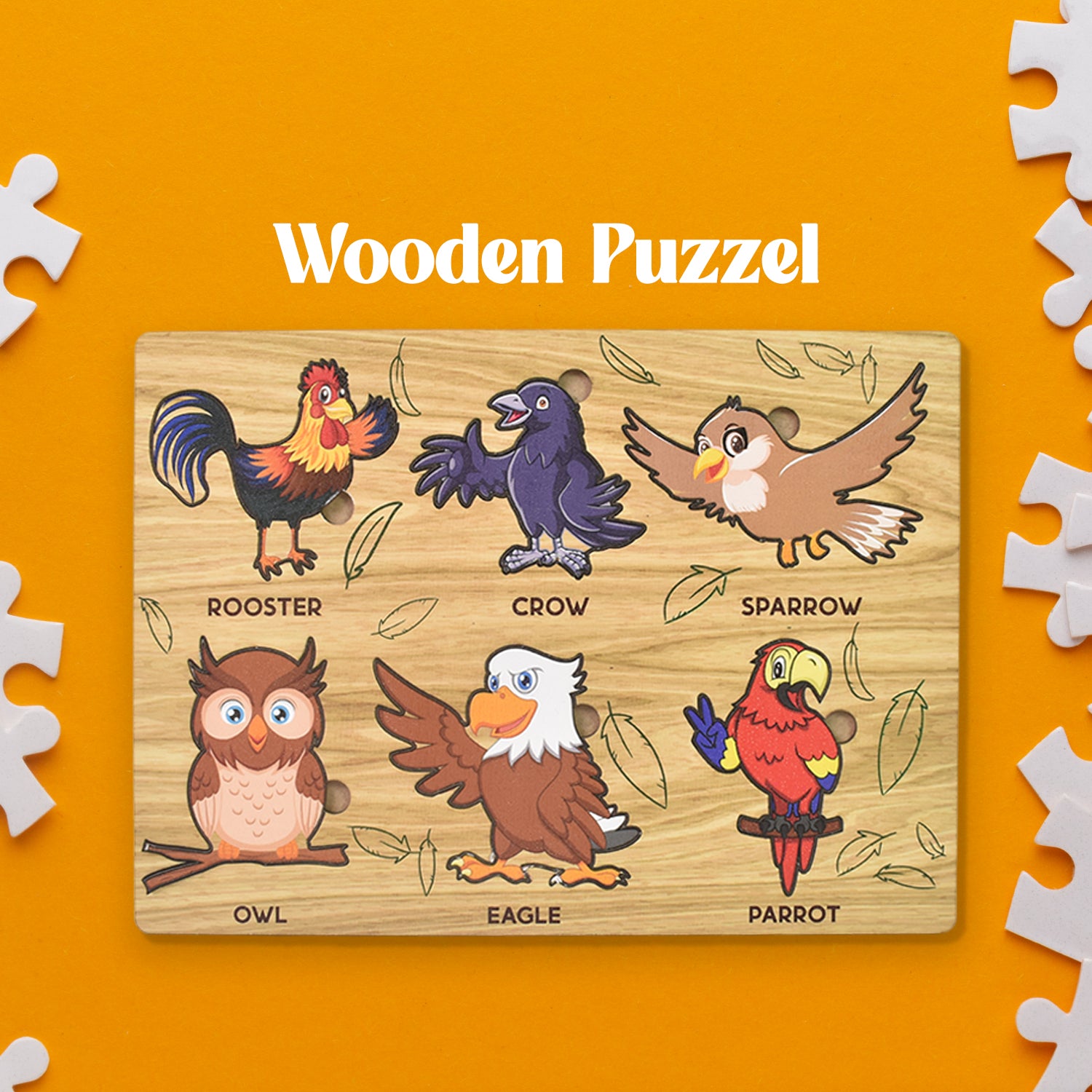 Wukusy wooden bird puzzle educational toy board with colorful pieces for learning and play, measuring 28x20 cm.