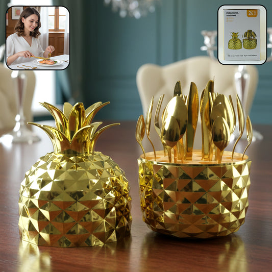 Wukusy 24-piece stainless steel golden cutlery set with pineapple storage stand, includes forks, knives, spoons, and serving utensils.