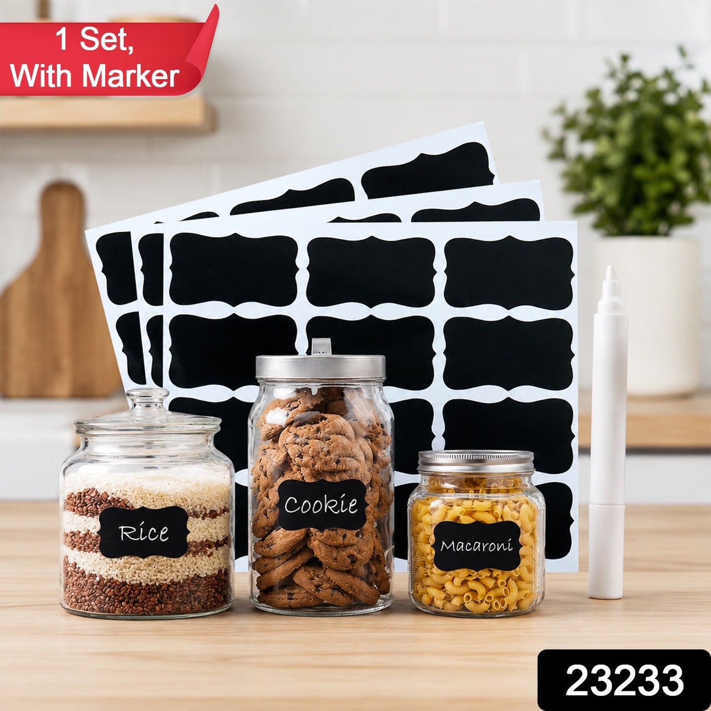 Set of Wukusy chalkboard sticker labels with marker pen, featuring fancy shapes for organizing jars and containers.