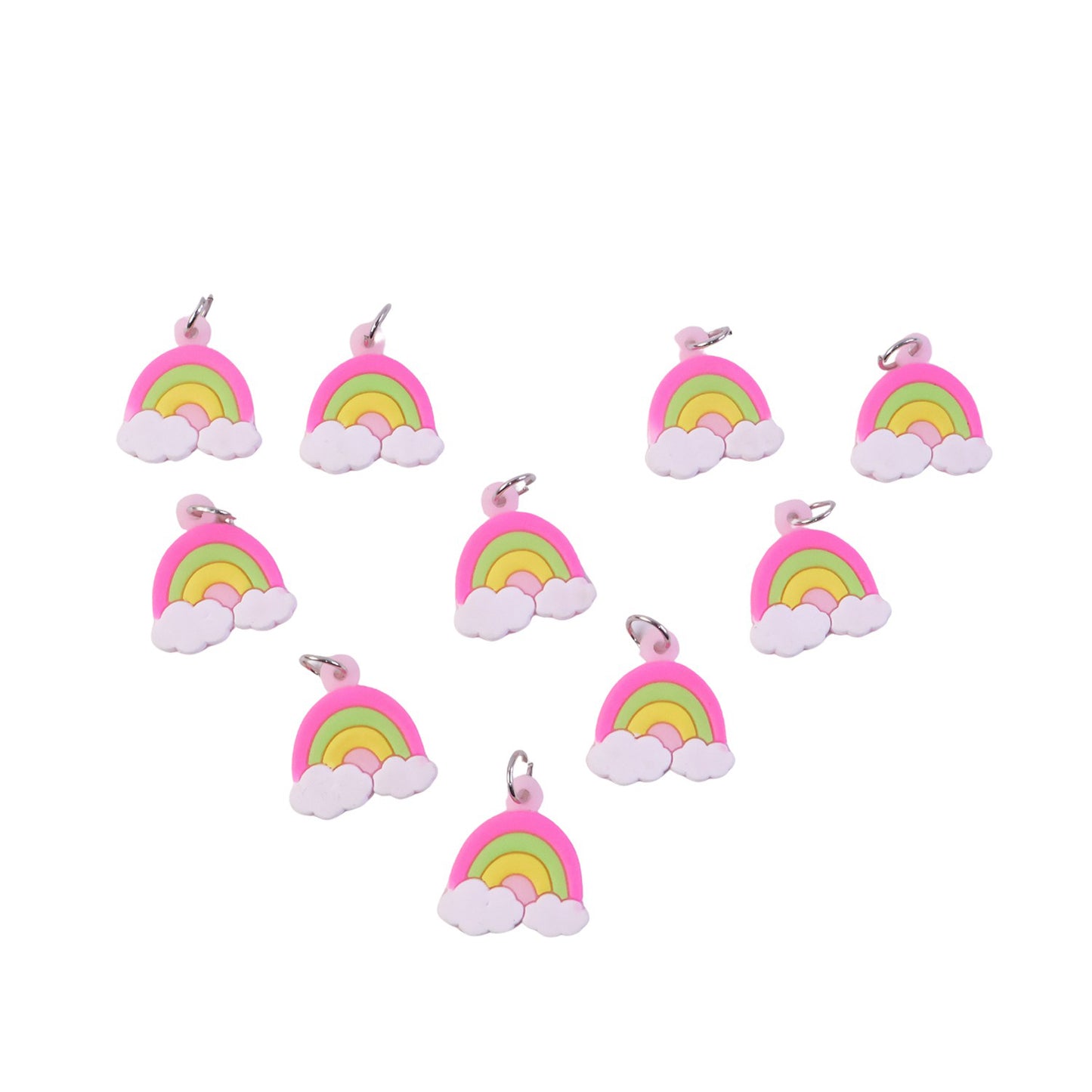Set of four colorful rainbow cloud bag charm keychains by Wukusy, featuring cute cloud and rainbow designs for backpacks or keys.